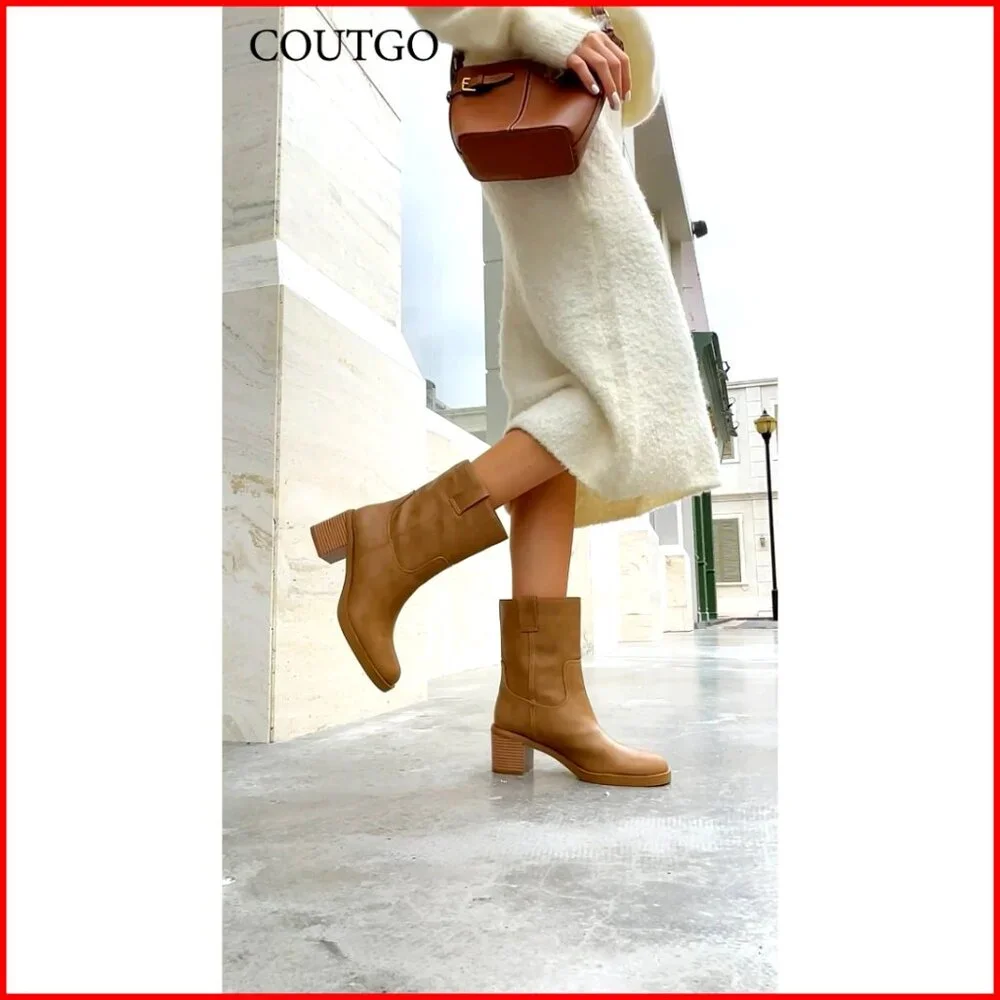 Platform Mid Calf Boots Chunky Block Heel Round Toe Slip On